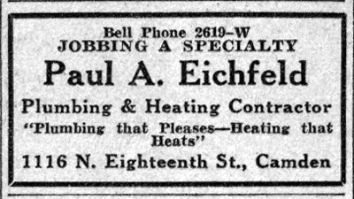 Advertisement for Paul A. Eichfeld, Plumbing & Heating Contractor, 1116 N. Eighteenth St., Camden