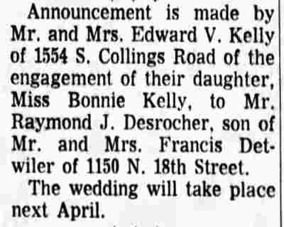 Engagement announcement for Miss Bonnie Kelly and Raymond J. Desrocher — Camden Courier-Post, May 11, 1966