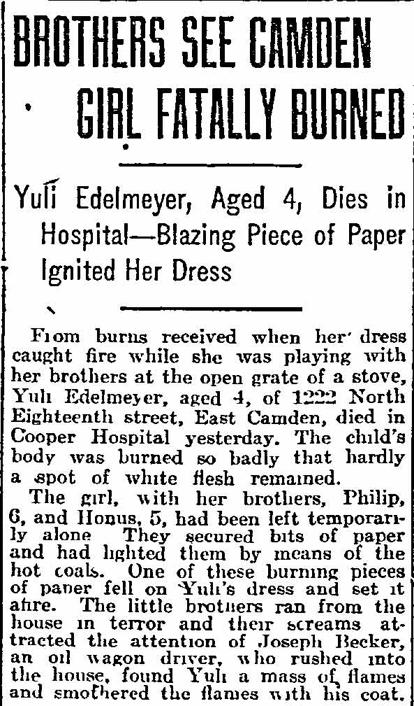 Brothers See Camden Girl Fatally Burned — Philadelphia Inquirer, March 12, 1916