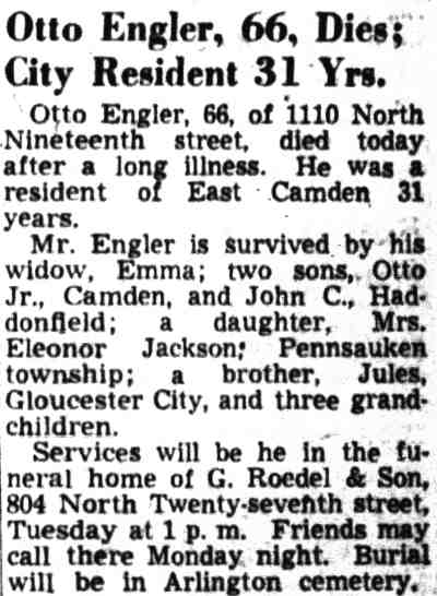 Otto Engler obituary — Camden Courier-Post, July 9, 1949