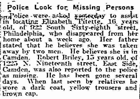 Police Look for Missing Persons — Philadelphia Inquirer, September 11, 1918