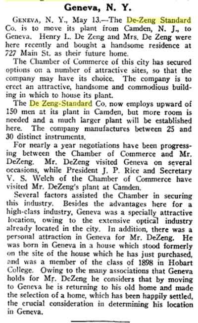 De Zeng-Standard Company, optical instruments — The Optical Journal & Review, May 18, 1922