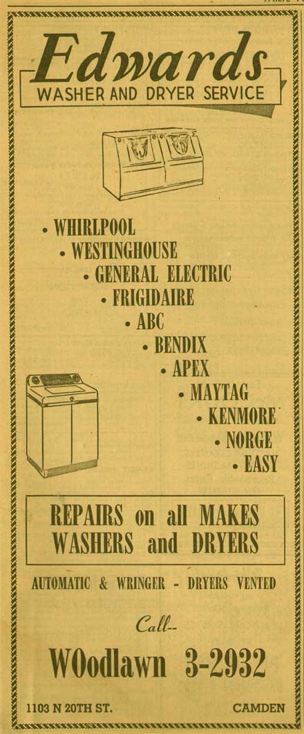 Edwards Washer & Dryer Service, 1103 North 20th Street — New Jersey Bell Yellow Pages, 1955