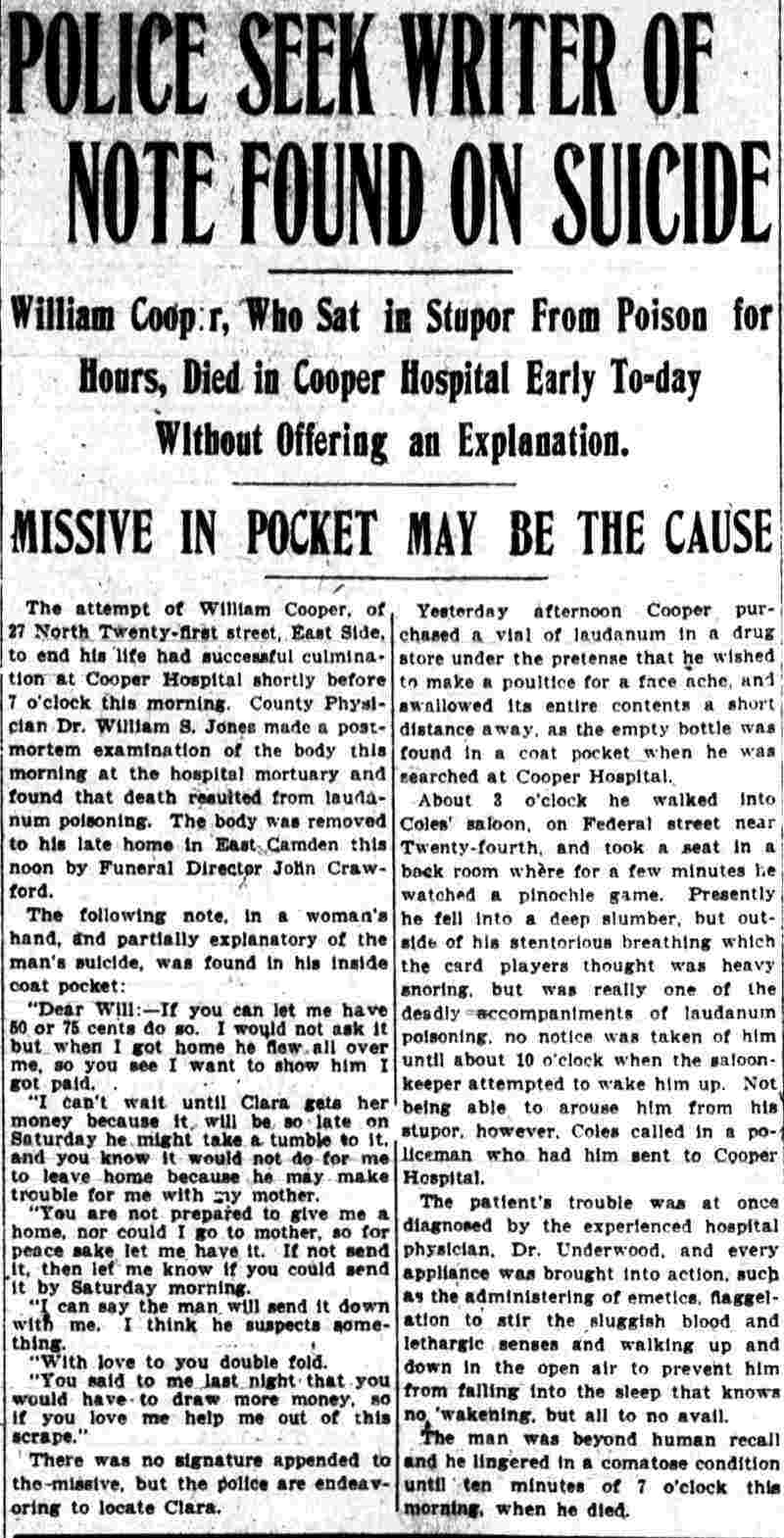 Camden Post-Telegram article about the suicide of William Cooper of 27 North 21st Street, July 1906