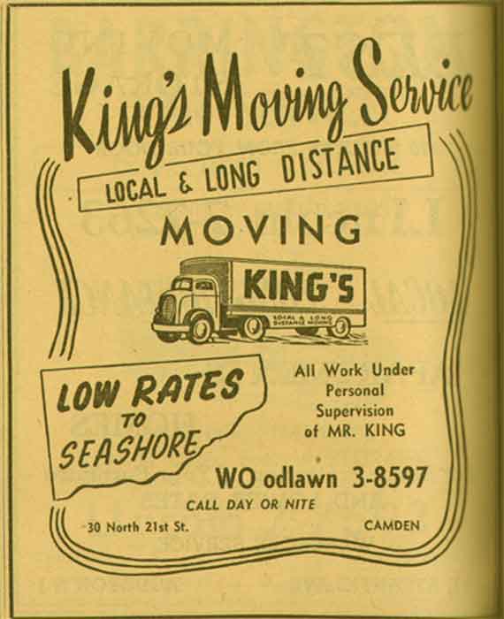 King's Moving Service advertisement at 30 North 21st Street, 1955 New Jersey Bell Yellow Pages
