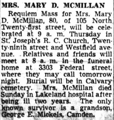 Camden Courier-Post obituary for Mrs. Mary D. McMillan of 105 North Twenty-first Street, August 1949
