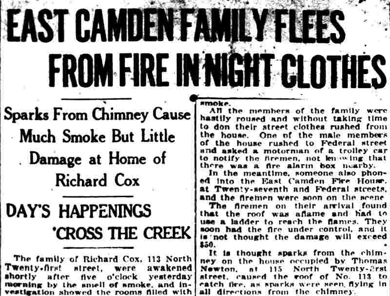 Camden Post-Telegram article about the Cox family fleeing a chimney fire at 117 North 21st Street, January 1923
