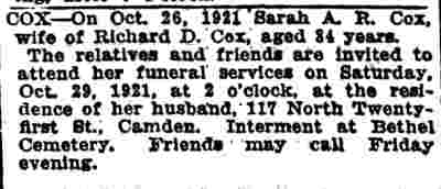 Camden Daily Courier obituary for Sarah A. R. Cox of 117 North Twenty-first Street, October 1921