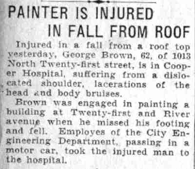 Camden Courier-Post article about George Brown injured in a fall from a roof at 1013 North Twenty-first Street, June 1932