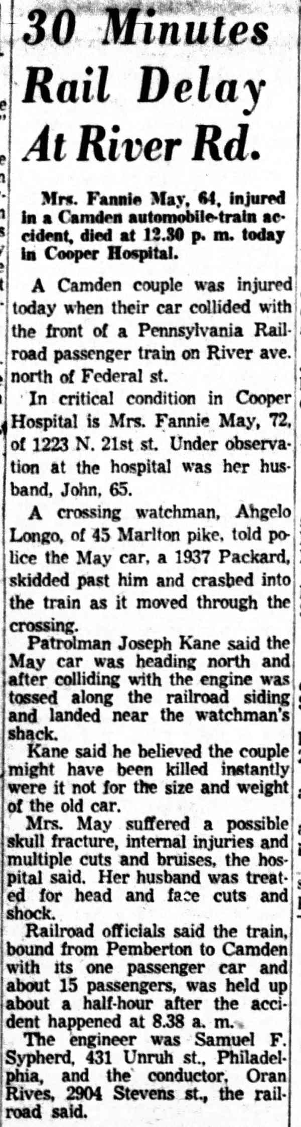 Camden Courier-Post article about automobile-train accident killing Fannie May of 1223 North 21st Street, February 1956
