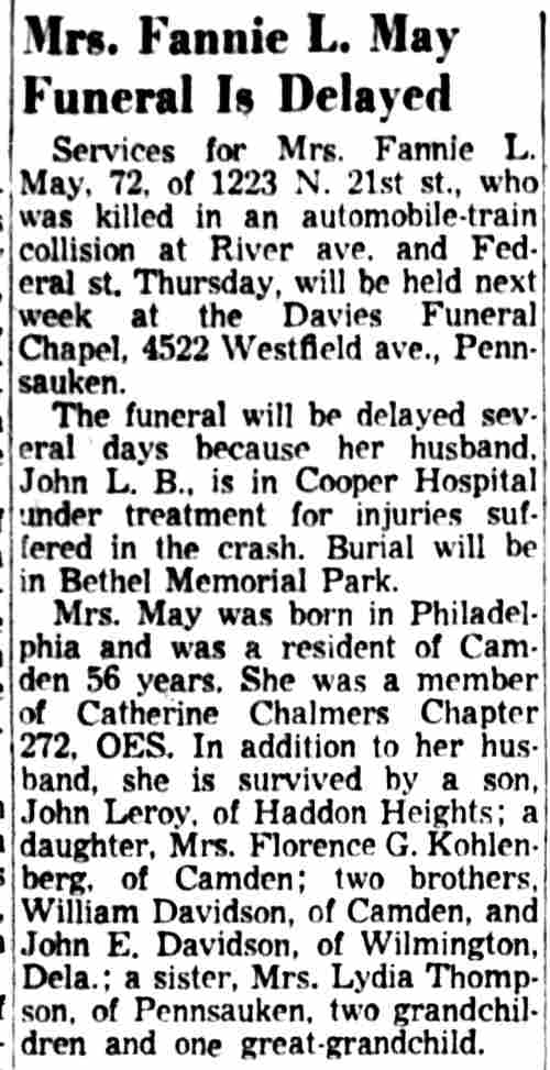 Camden Courier-Post article about the delayed funeral of Mrs. Fannie L. May of 1223 North 21st Street, February 1956