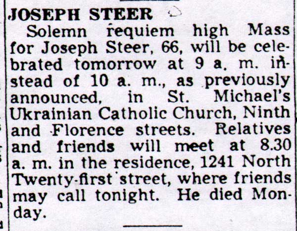 Camden Courier-Post obituary notice for Joseph Steer of 1241 North Twenty-first Street, June 1948