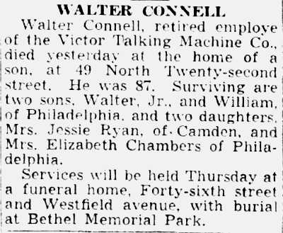Camden Courier-Post obituary for Walter Connell of 49 North 22nd Street, July 1941