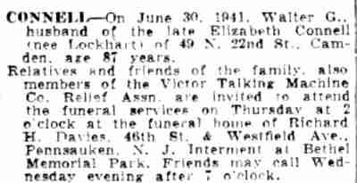 Camden Courier-Post death notice for Walter G. Connell of 49 North 22nd Street, July 1941