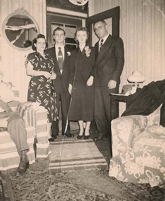 Post-wedding photo at 128 North 22nd Street, November 1950, showing Amanda Myers, Mr. and Mrs. Frank C. Adams, and Edward L. Myers