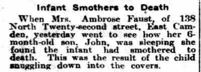Philadelphia Inquirer article about the infant death at the home of Ambrose Faust at 138 North 22nd Street, March 1916