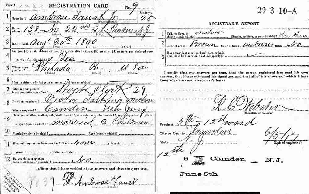 World War I draft card for Ambrose Faust of 138 North 22nd Street, East Camden