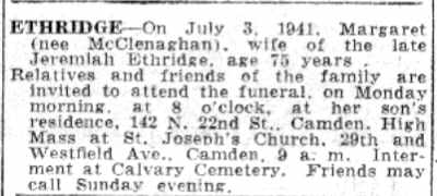 Camden Courier-Post death notice for Margaret Ethridge of 142 North 22nd Street, July 1941