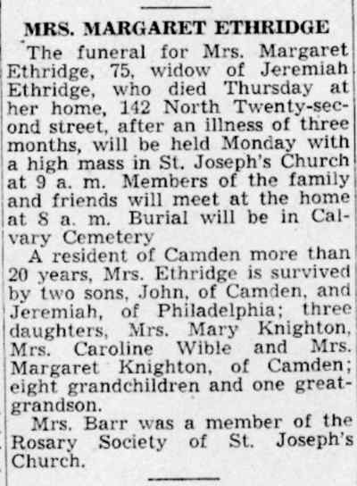 Camden Courier-Post obituary for Mrs. Margaret Ethridge of 142 North 22nd Street, July 1941