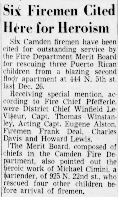 Camden Courier-Post article about six firemen cited for heroism and bartender Michael Cimini of 925 North 22nd Street who rescued children from a fire, January 1953