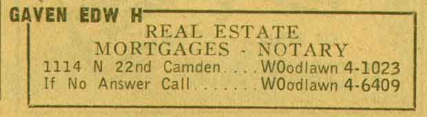 New Jersey Bell Telephone Yellow Pages advertisement for Edward H. Gaven at 1114 North 22nd Street, 1955