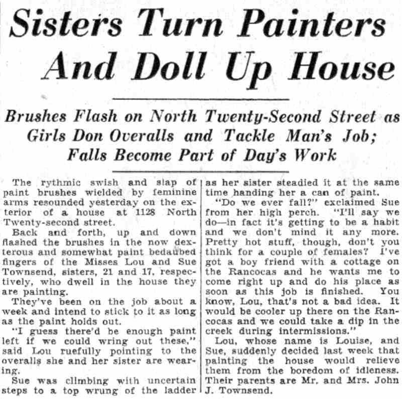 Lou and Sue Townsend sisters on ladders painting their home at 1128 North 22nd Street