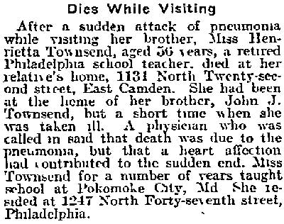 Philadelphia Inquirer article about Miss Henrietta Townsend who died while visiting at 1131 North 22nd Street, February 1915