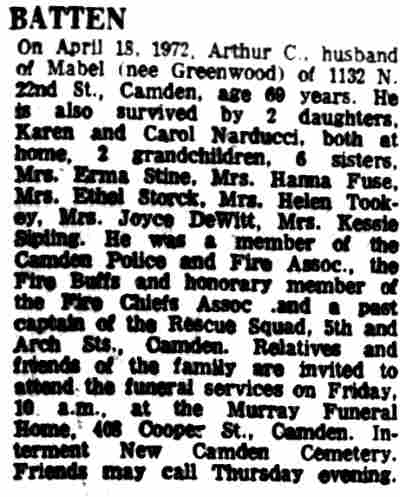 Camden Courier-Post obituary for Arthur C. Batten of 1132 North 22nd Street, April 1972
