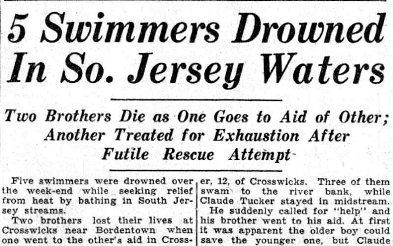 Camden Courier-Post article about five drowning deaths in South Jersey, June 6, 1932 — page 1