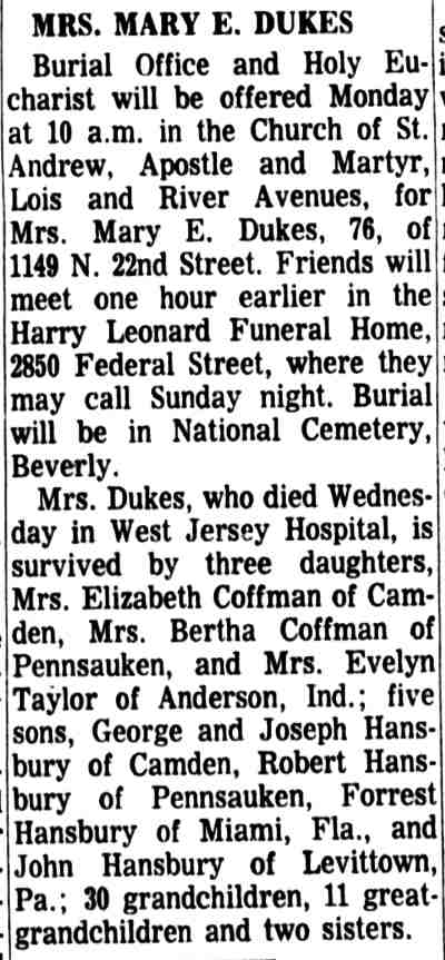 Camden Courier-Post obituary for Mrs. Mary E. Dukes of 1149 North 22nd Street, January 1966