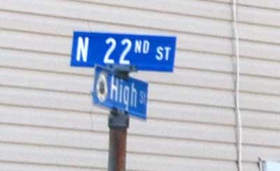 Street sign at North 22nd Street and High Street