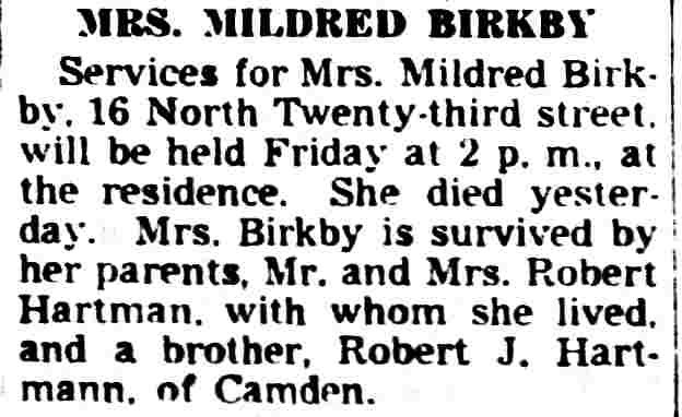Mrs. Mildred Birkby death notice, Camden Courier-Post February 20, 1946