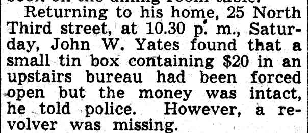 Burglary notice for John W. Yates at 25 North 23rd Street, Camden Courier-Post February 21, 1938