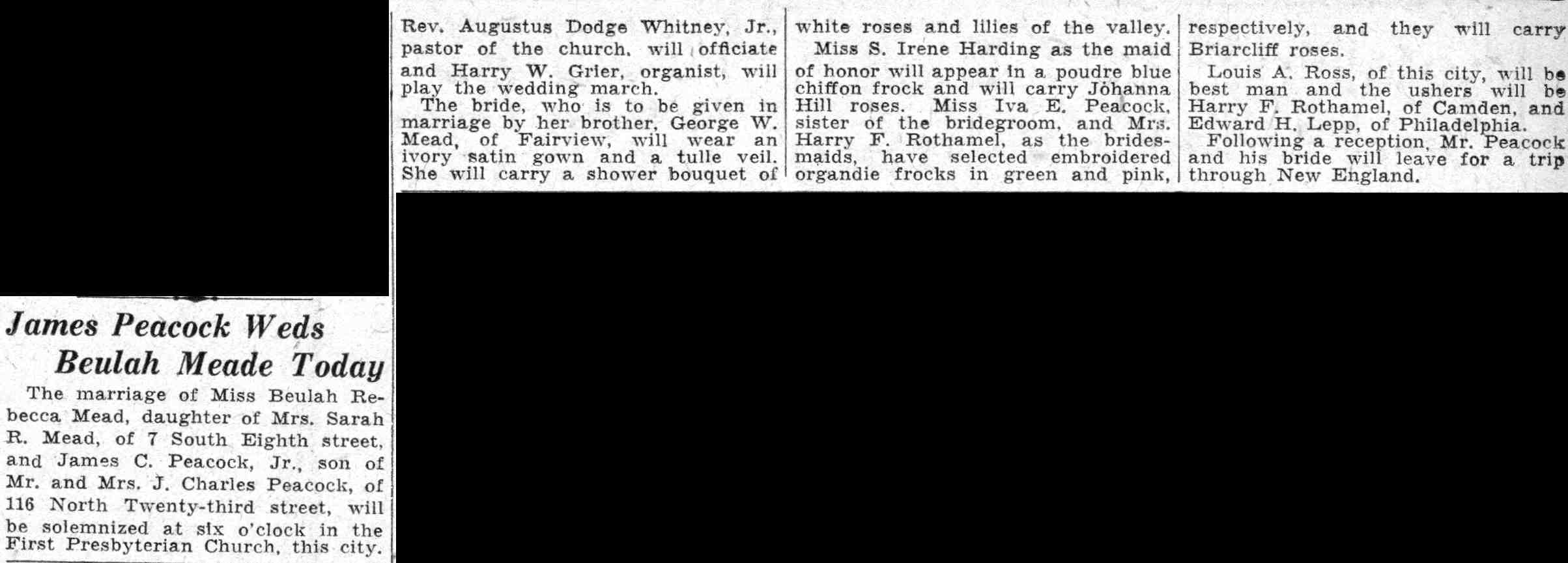 James Peacock Weds Beulah Meade Today, Camden Courier-Post June 11, 1932