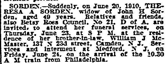 Sorden death notice — Theresa A. Sorden of 137 North 23rd Street, Philadelphia Inquirer June 23, 1910