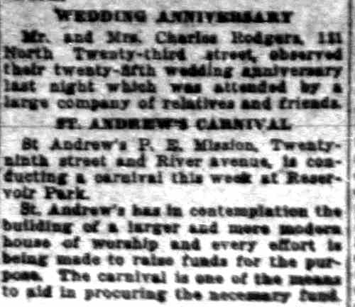 Wedding Anniversary — Mr. and Mrs. Charles Rogers of 131 North 23rd Street, Camden Daily Courier June 2, 1920