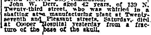 Death from Mill Accident — John W. Derr of 139 North 23rd Street, Philadelphia Inquirer June 7, 1915