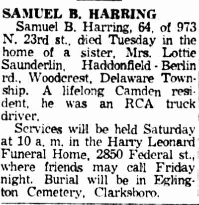 Samuel B. Harring obituary, Camden Courier-Post February 19, 1959