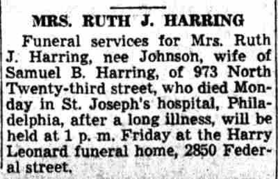 Mrs. Ruth J. Harring death notice, Camden Courier-Post July 21, 1943