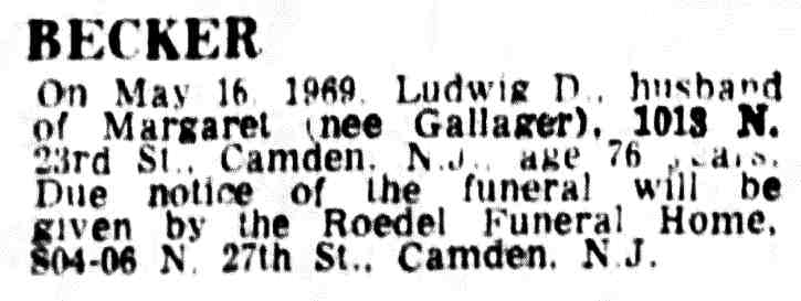 Becker death notice, Camden Courier-Post May 17, 1969