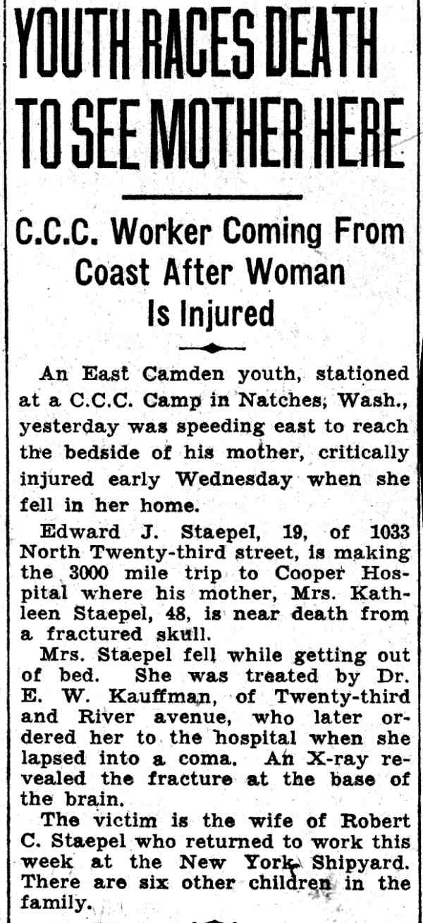 Youth Races Death to See Mother Here, Camden Courier-Post August 31, 1935