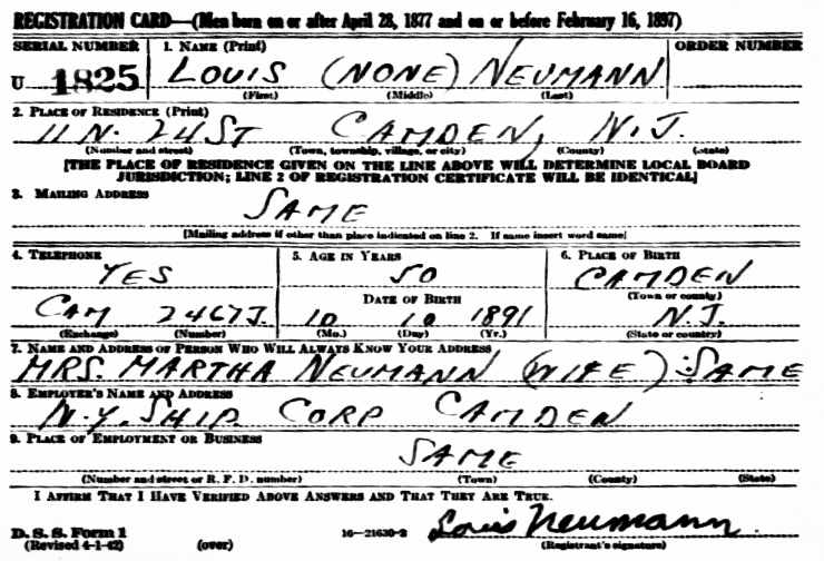 World War II draft card, 11 North 24th Street