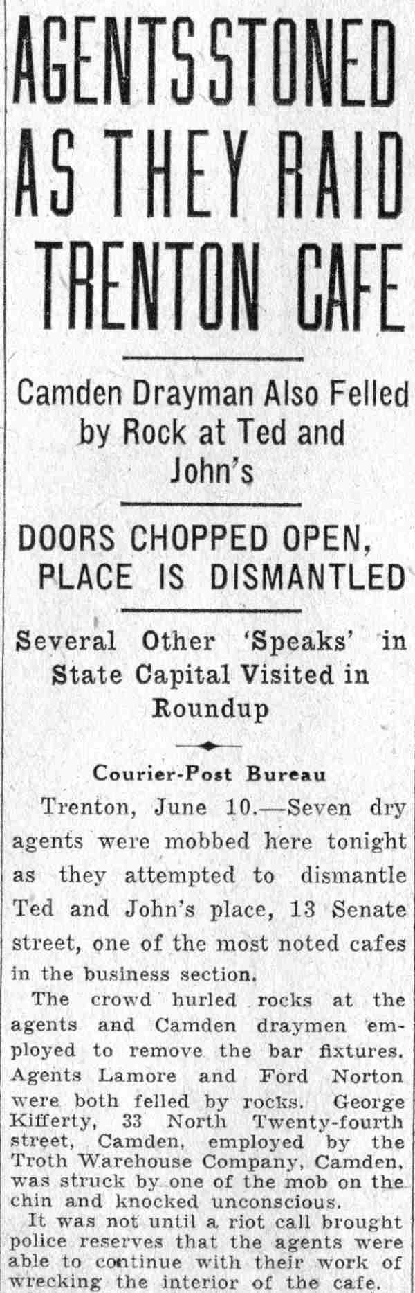 Agents Stoned as They Raid Trenton Cafe — George Kifferly, 33 North 24th Street, Camden Courier-Post June 11, 1932
