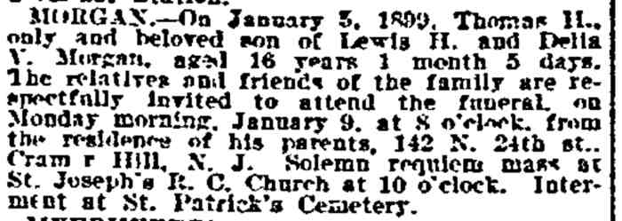 Morgan death notice, 124 North 24th Street, Philadelphia Inquirer January 6, 1899
