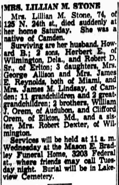 Mrs. Lillian M. Stone obituary, 125 North 24th Street, Camden Courier-Post June 25, 1956