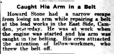 Caught His Arm in a Belt — Howard Stone, 130 North 24th Street, Philadelphia Inquirer April 11, 1903