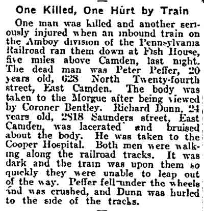One Killed, One Hurt by Train — Peter Pfeffer, 628 North 24th Street, Philadelphia Inquirer December 23, 1912