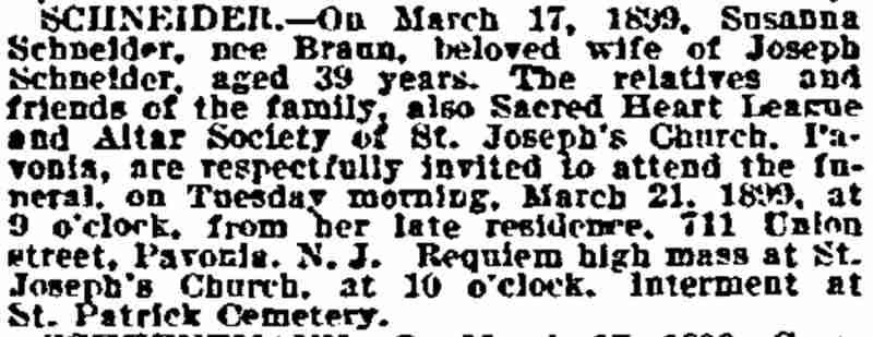 Schneider death notice, 711 Union Street (North 24th Street), Pavonia, Philadelphia Inquirer March 19, 1899