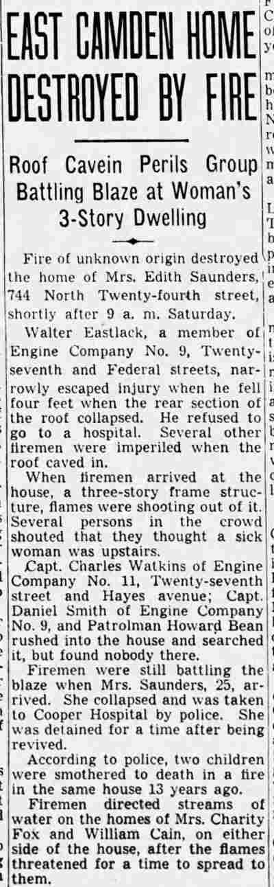 East Camden Home Destroyed by Fire — Mrs. Edith Saunders, 744 North 24th Street, Camden Courier-Post February 27, 1939