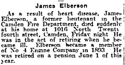 James Elberson obituary, 1016 North 24th Street, Philadelphia Inquirer November 21, 1915